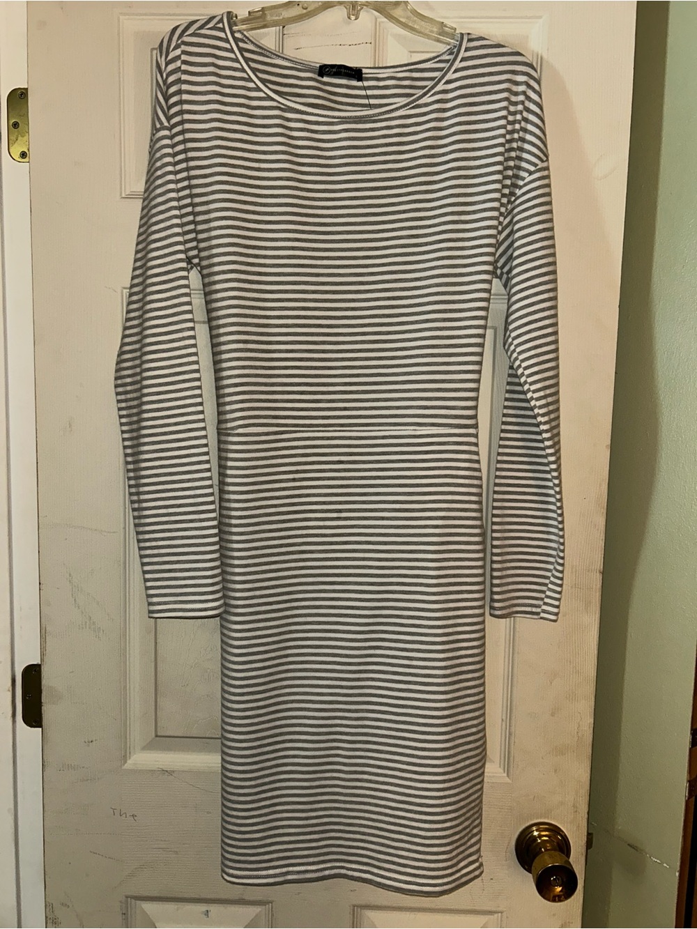 Striped Long-Sleeve Sheath Dress in Gray and White